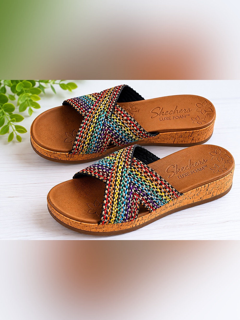 🌈 Skechers Luxe Foam Multicolor Cross Strap Slide Sandals | Women’s Size 7 🌈